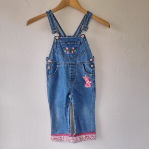 Vintage Y2k Minnie Mouse Girls.3T Pink Denim Jean Overalls Embroidered 90's Flaw